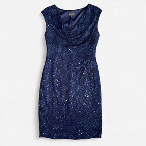 Navy Lace and Sequin Sheath Dress with Cowl Neckline
